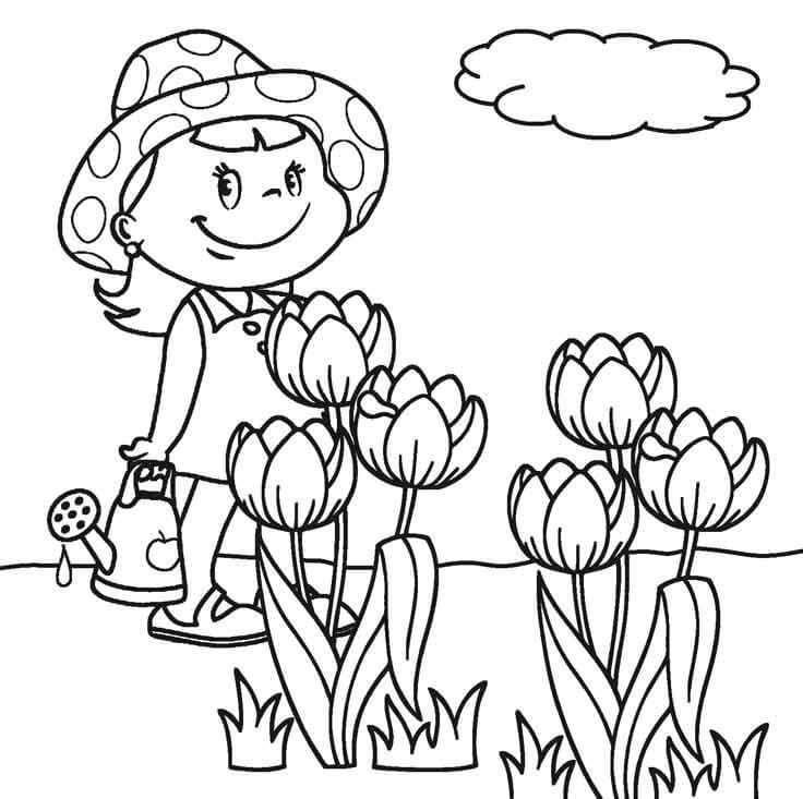 Smilende Lille Pige I Blomsterhaven Tegninger til Farvelægning