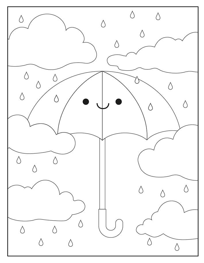 Smilende Paraply Med Skyer Og Regndråber Tegninger til Farvelægning
