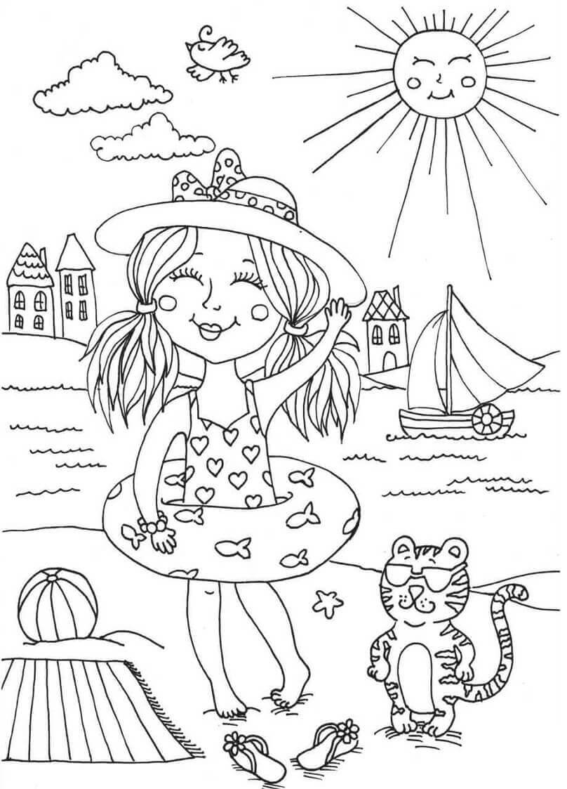 Smilende Pige Og Kat I Havet Til Svømning Tegninger til Farvelægning