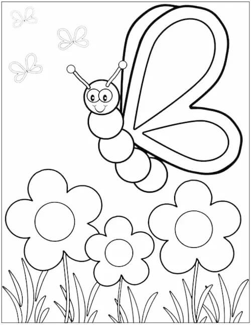 Smilende Sommerfugl Med Blomster Tegninger til Farvelægning