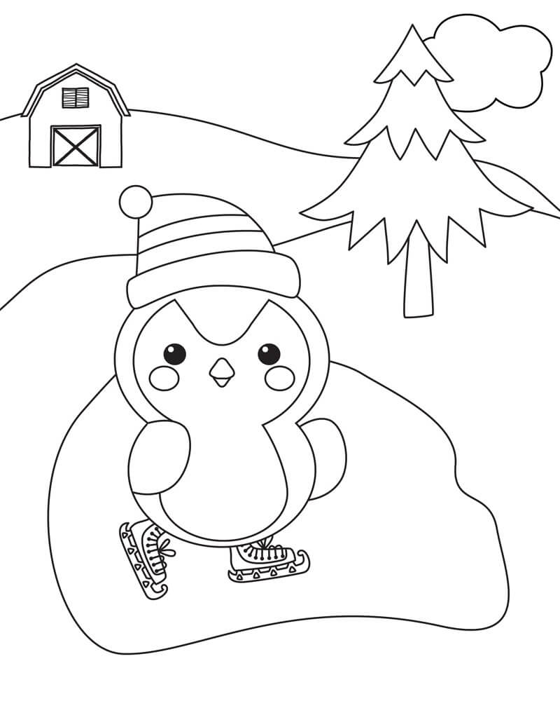 Sød Pingvinskøjte Om Vinteren Tegninger til Farvelægning