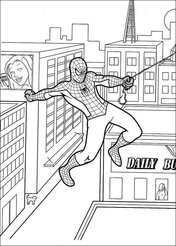 Spiderman Svinger Gennem Byen Tegninger til Farvelægning