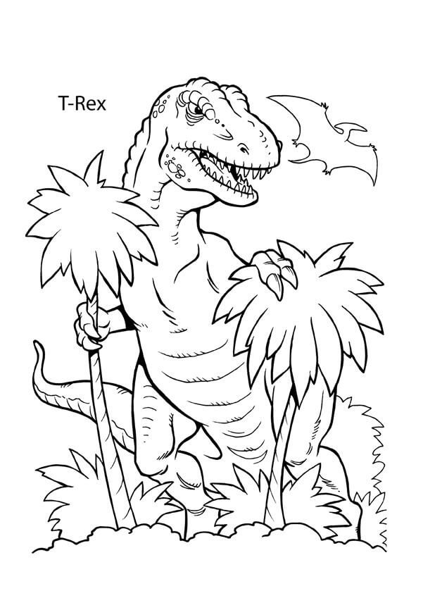 T-Rex Med To Træer Tegninger til Farvelægning