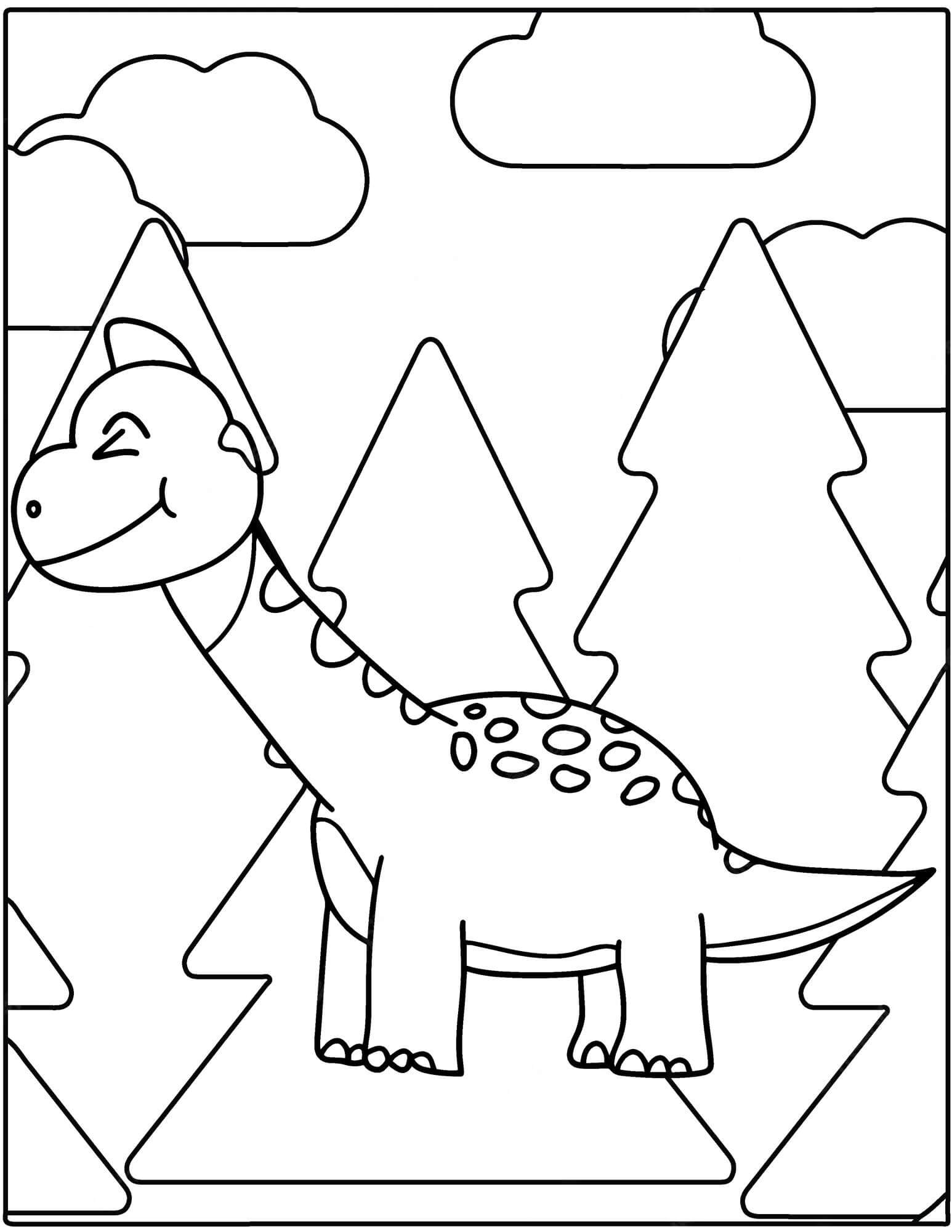 Tegnefilm Dinosaur Med Træer Og Skyer Tegninger til Farvelægning