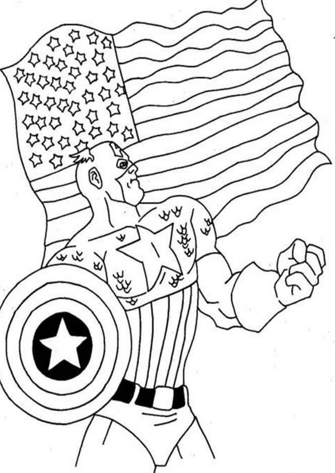 Tegneserie Kaptajn Amerika Med Amerikansk Flag Tegninger til Farvelægning