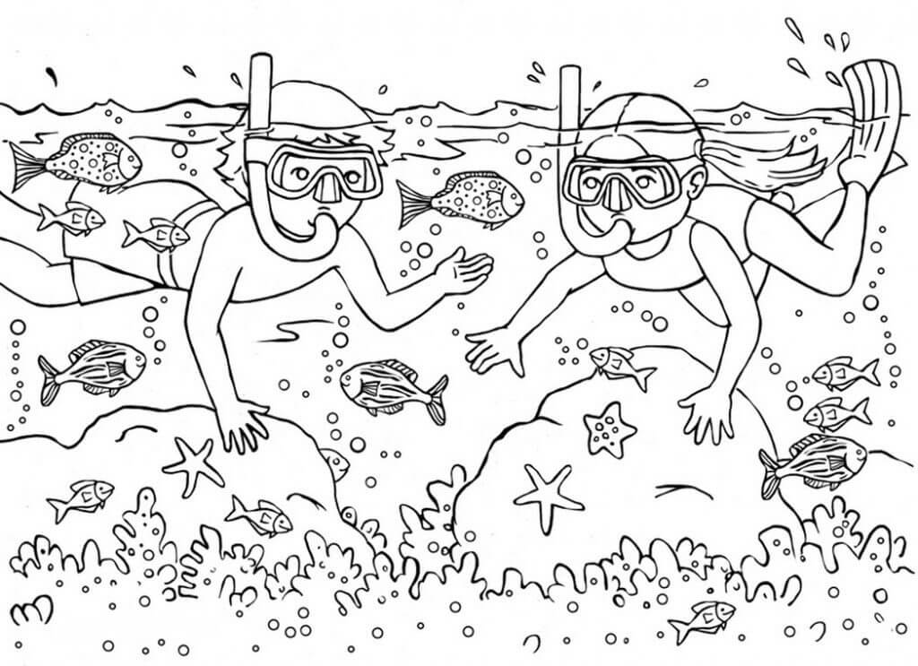 To Børn Svømmer I Havet Tegninger til Farvelægning