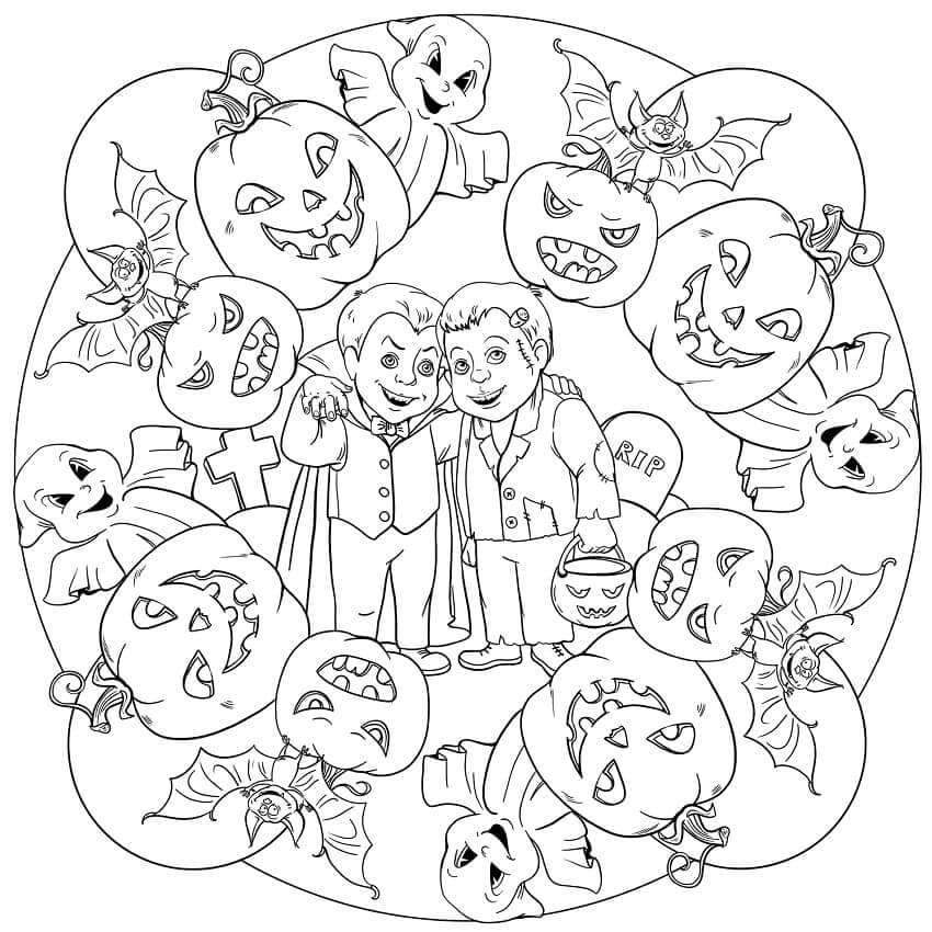 To Draculaer med græskar og spøgelser i Halloween Mandala Tegninger til Farvelægning