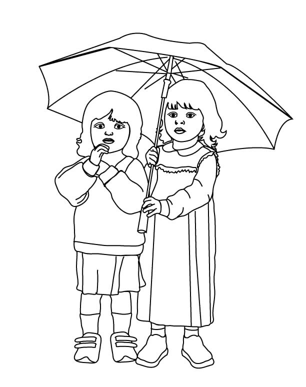 To Små Piger Med Paraply Tegninger til Farvelægning