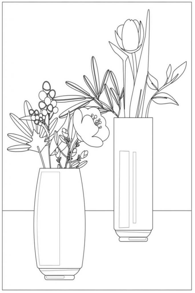 To Vaser Med Blomster Tegninger til Farvelægning