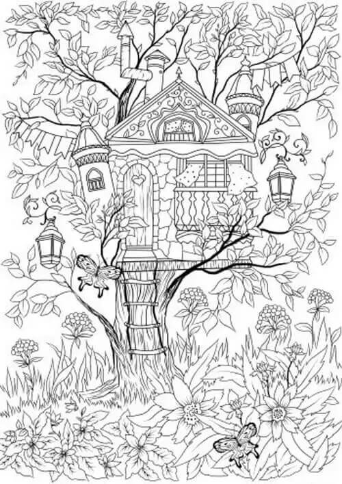 Træhus i foråret Tegninger til Farvelægning