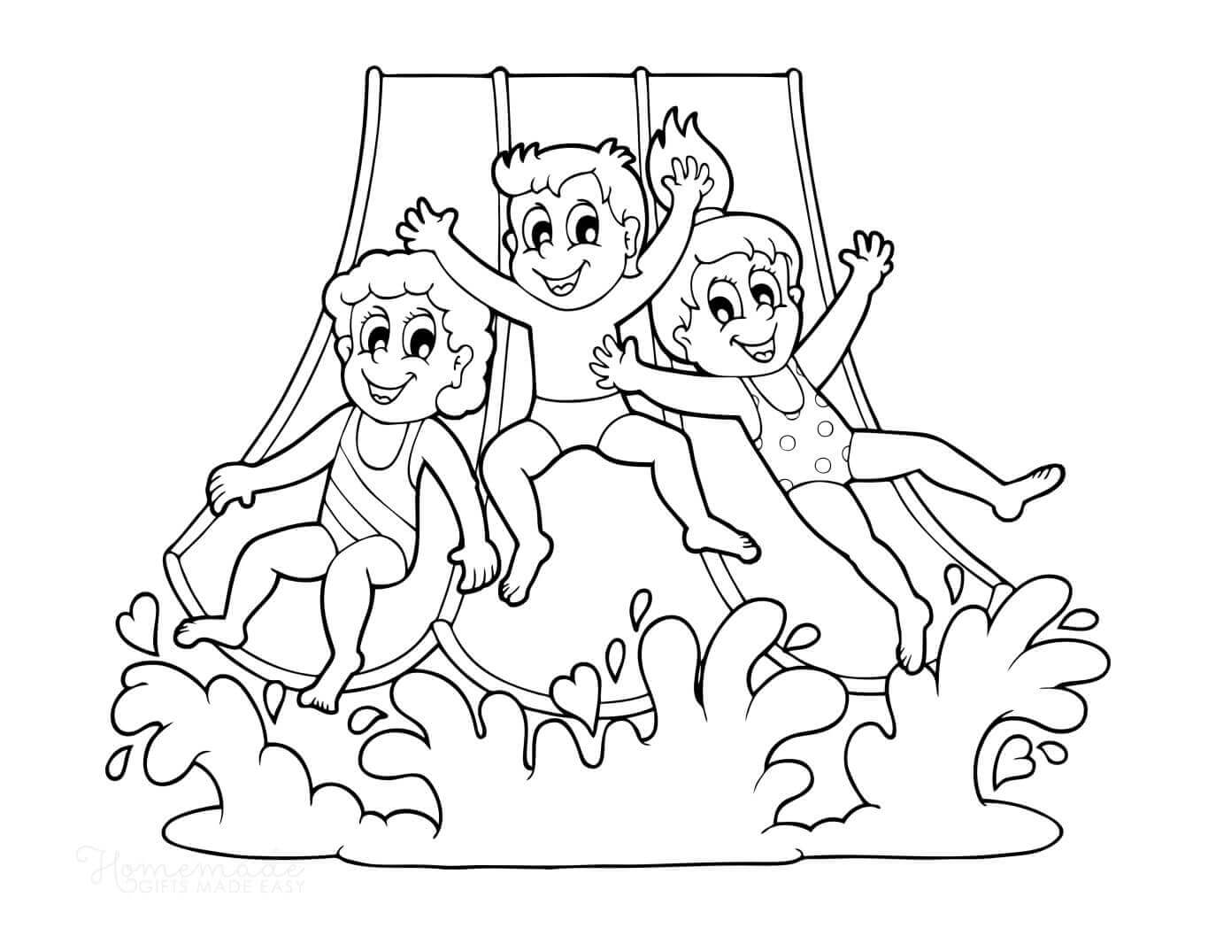 Tre Børn Svømning Tegninger til Farvelægning