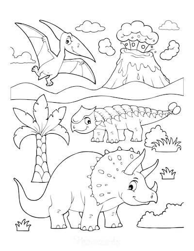 Tre Dinosaurer Tegninger til Farvelægning