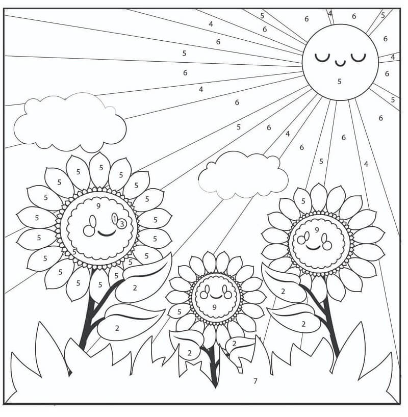 Tre solsikker med solfarve efter nummer Tegninger til Farvelægning