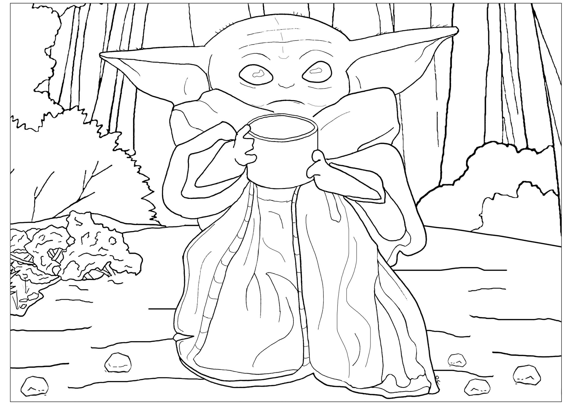 Baby Yoda Drikkevand i Skoven Tegninger til Farvelægning
