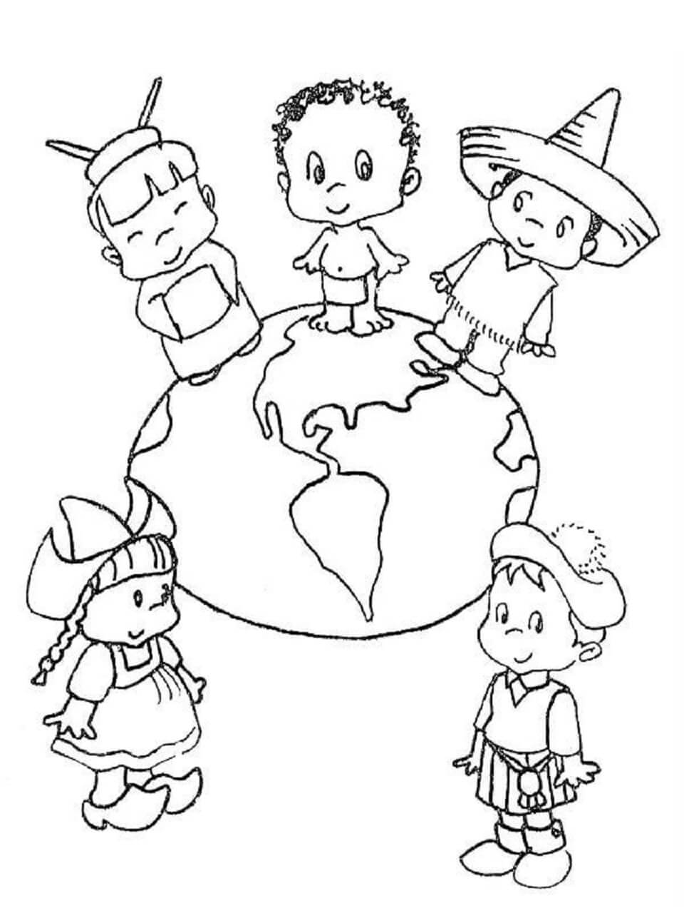 Fem børn med jorden i børns dag Tegninger til Farvelægning