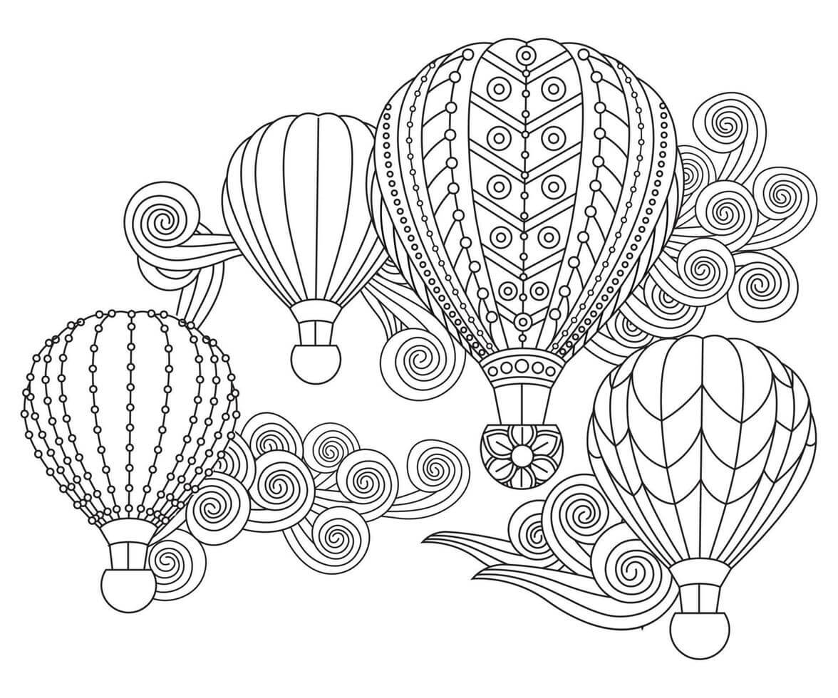 Four Hot Air Balloons in Doodle Style Tegninger til Farvelægning