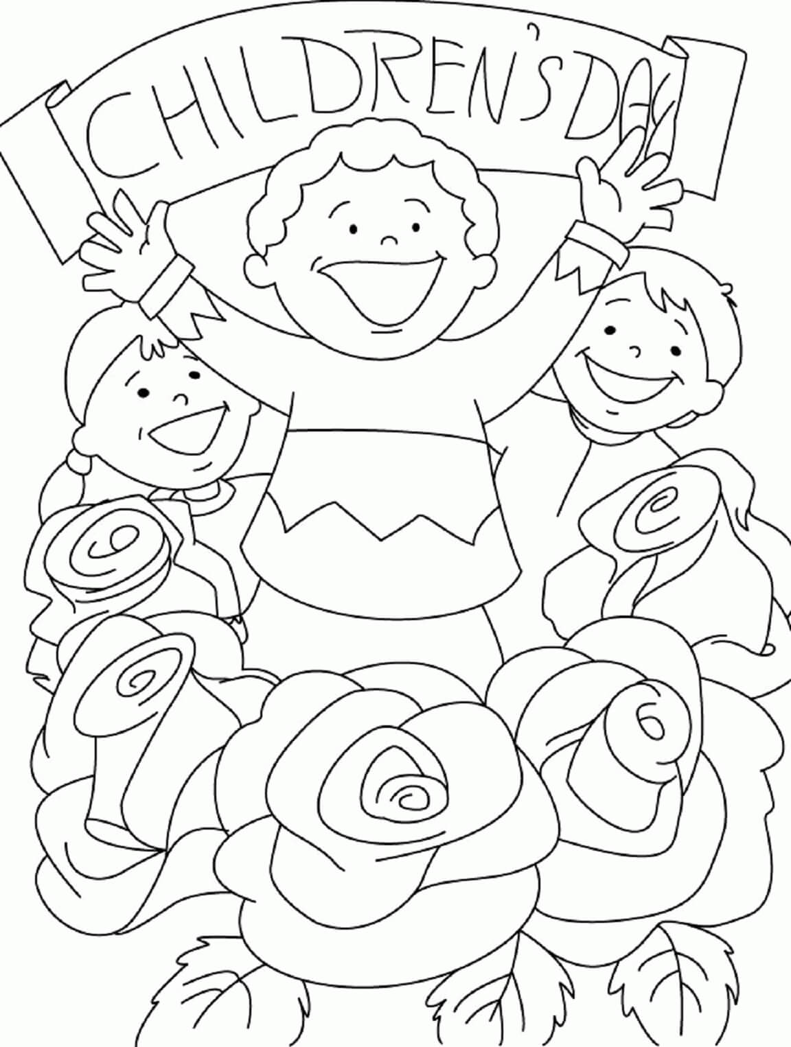 Glade børn med blomster på børnenes dag Tegninger til Farvelægning
