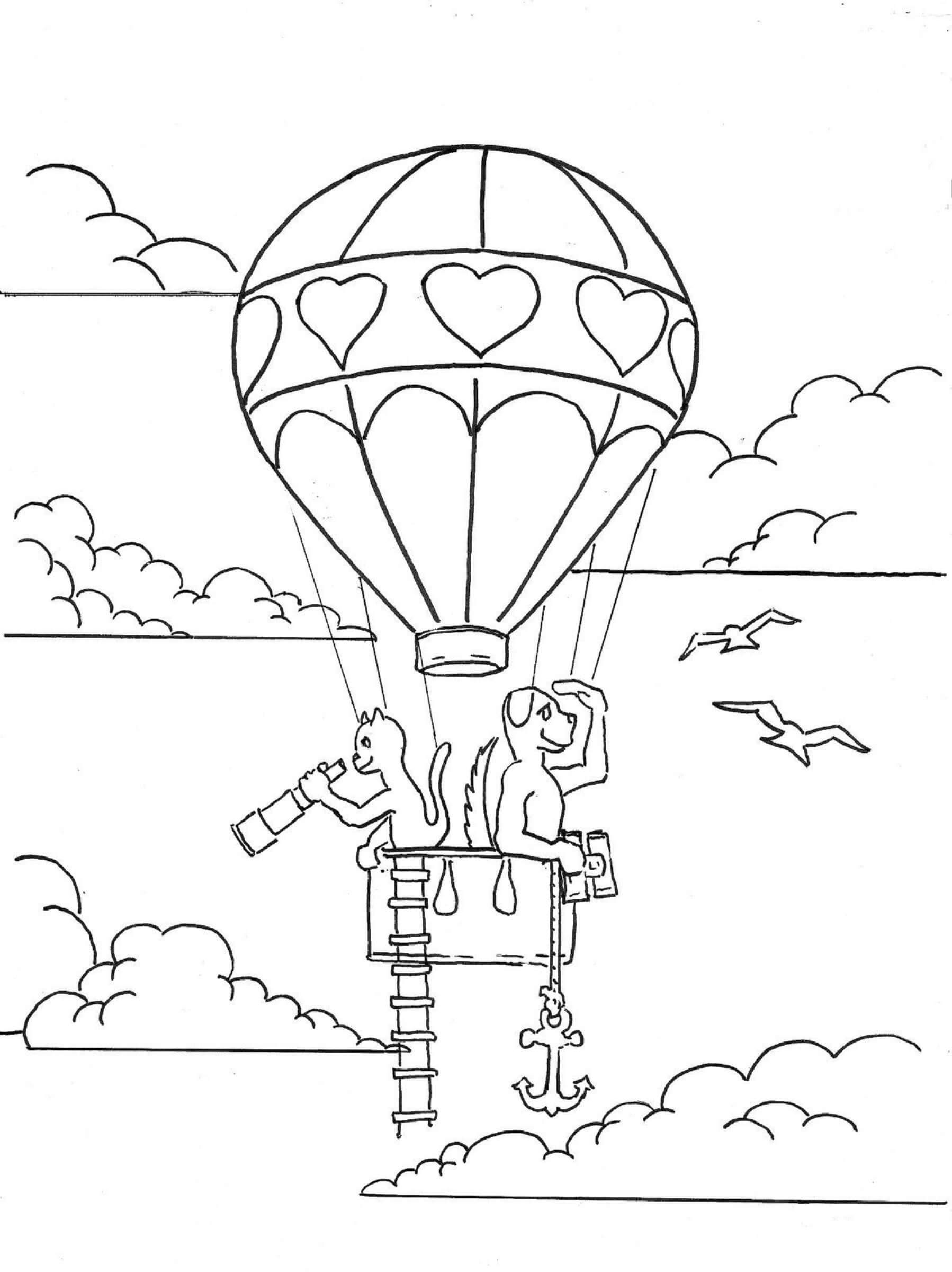 Kat Og Hund i Luftballon Tegninger til Farvelægning