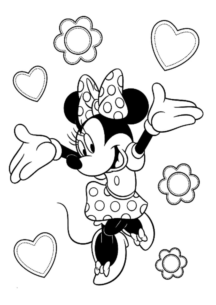 Minnie Mouse Med Hjerte og Blomst Tegninger til Farvelægning