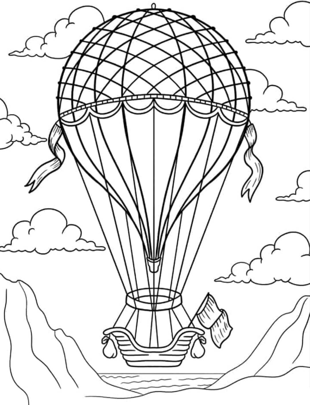 Smuk Varmluftsballon Med Skyer Tegninger til Farvelægning