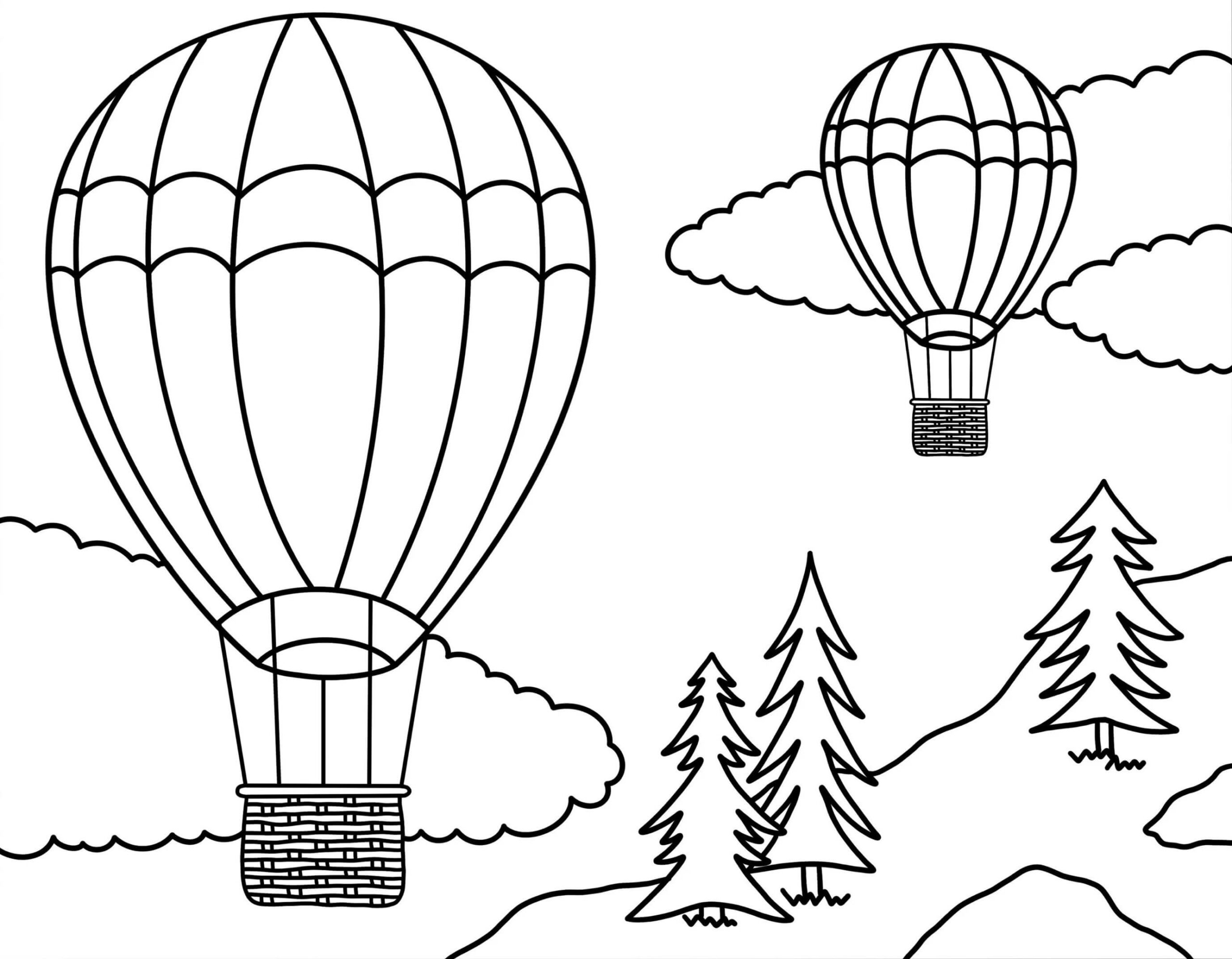 To Luftballoner Med Skyer Og Træer Tegninger til Farvelægning