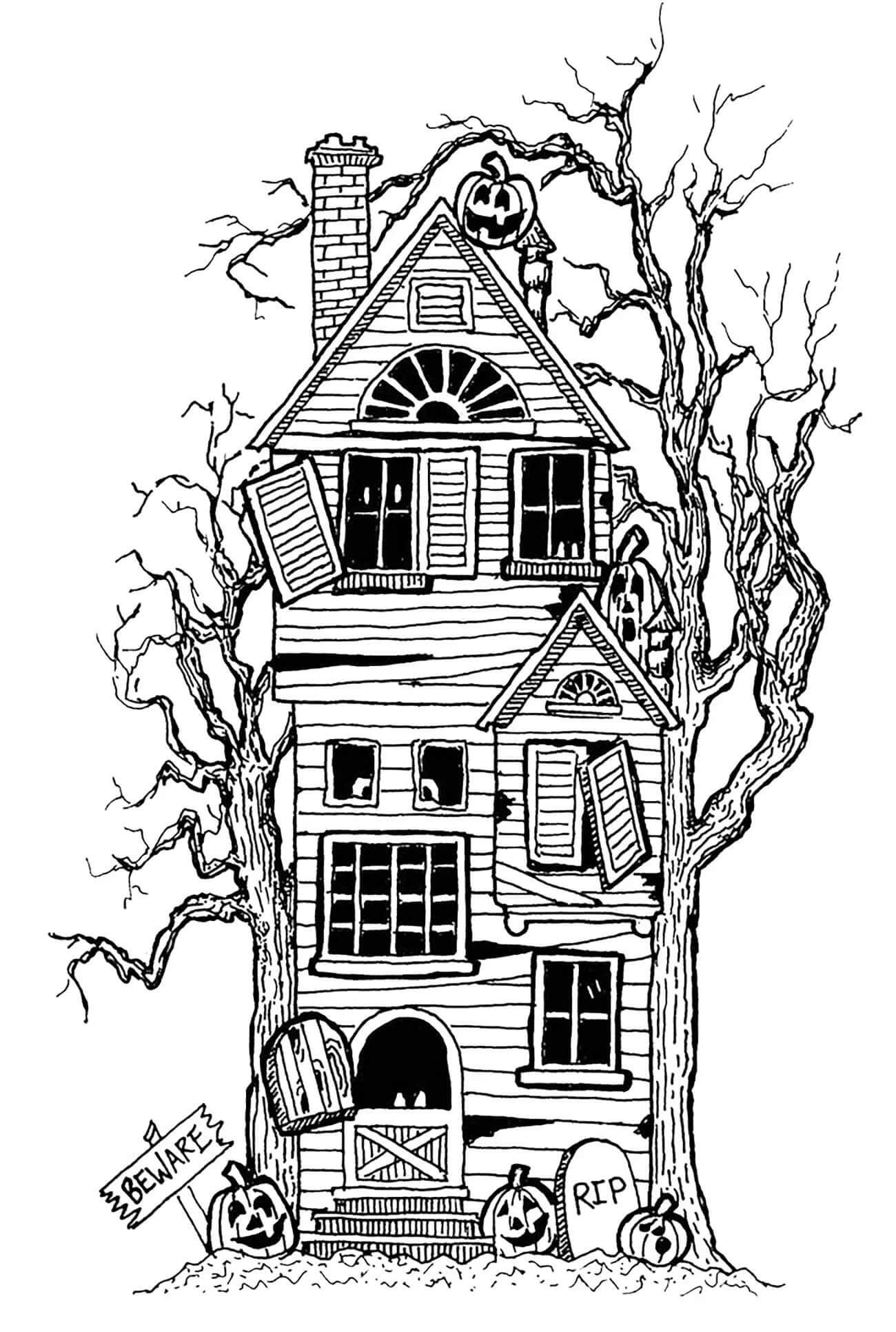 Uhyggeligt Hus Med Træer Tegninger til Farvelægning