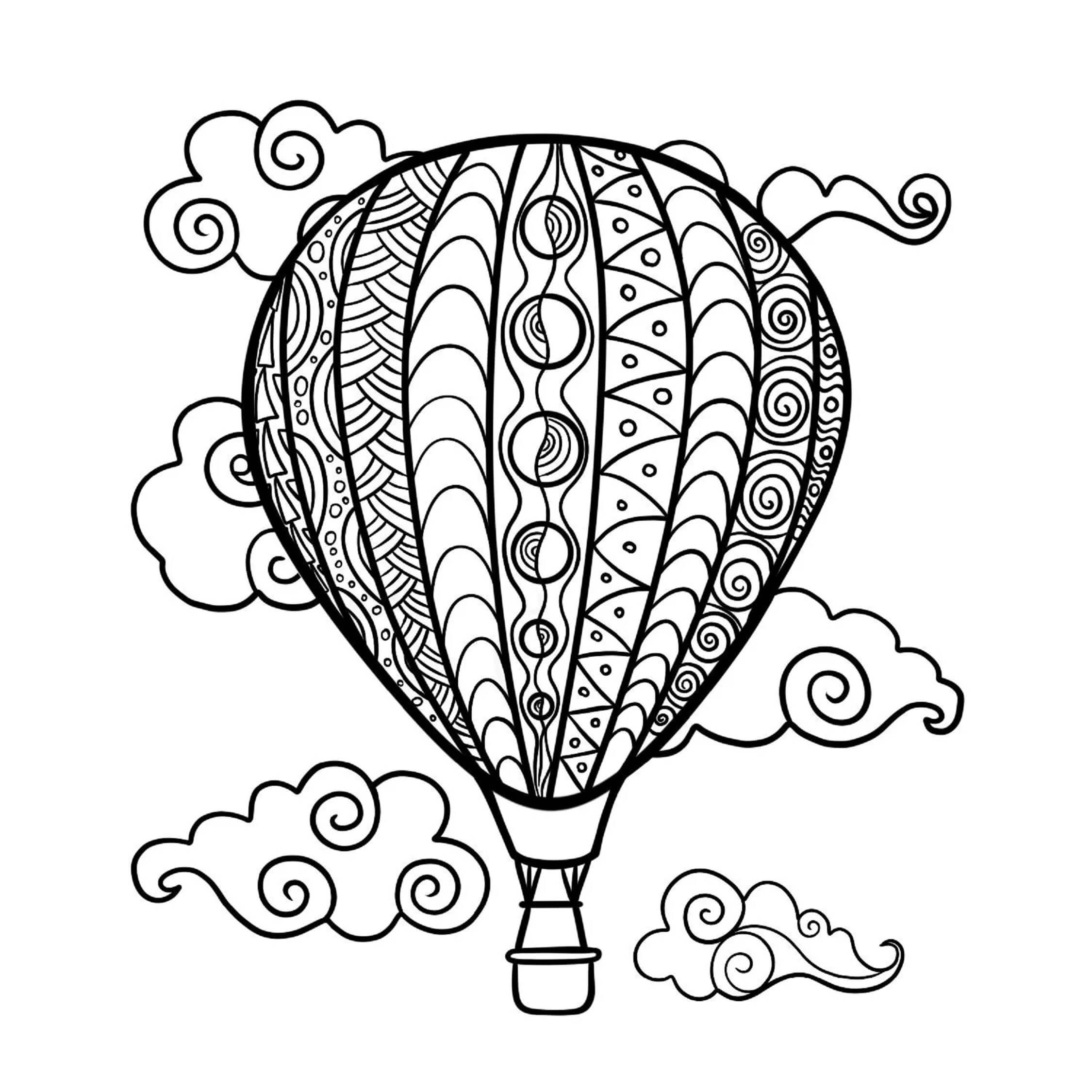 Varmluftsballon Mandala Med Skyer Tegninger til Farvelægning