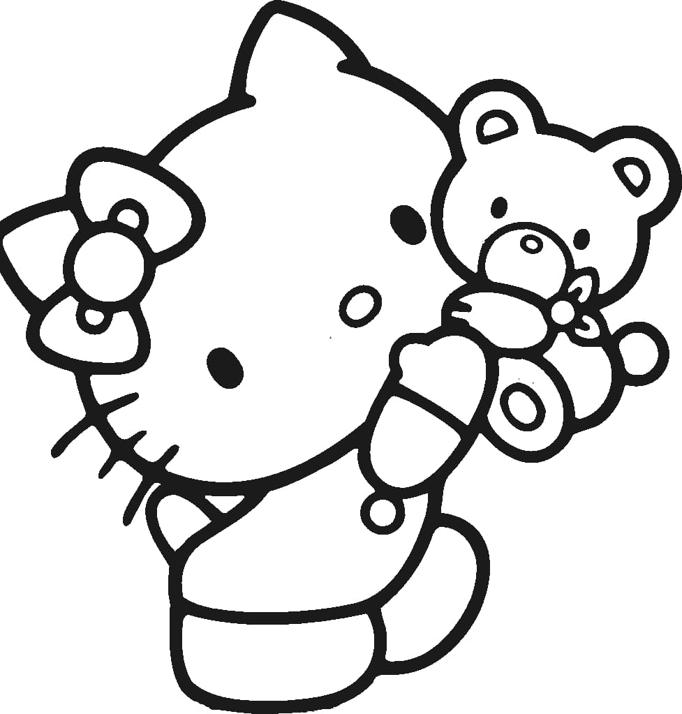 Hello Kitty Holder En Bamse Tegninger til Farvelægning