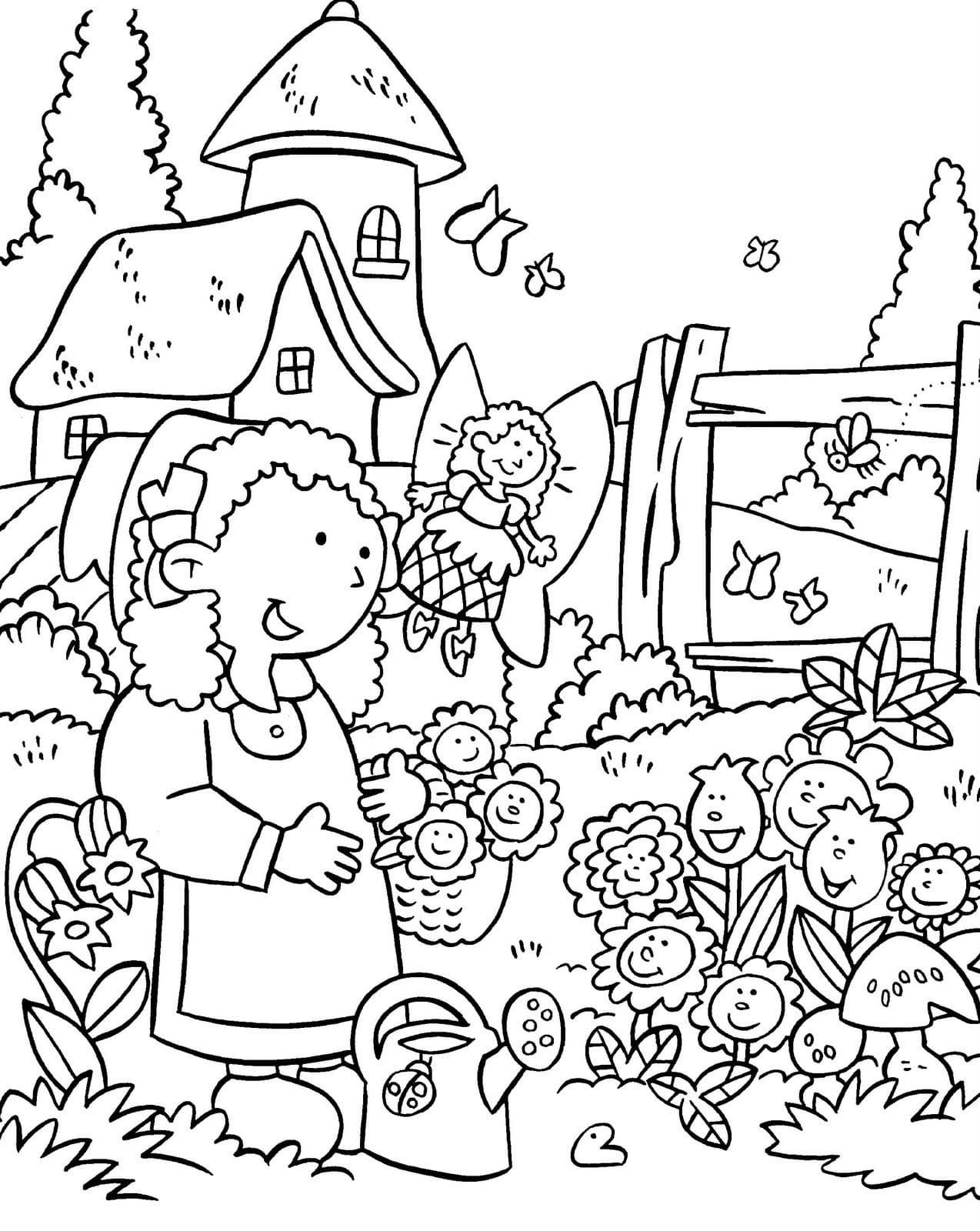 Pige i Haven Blomst Tegninger til Farvelægning