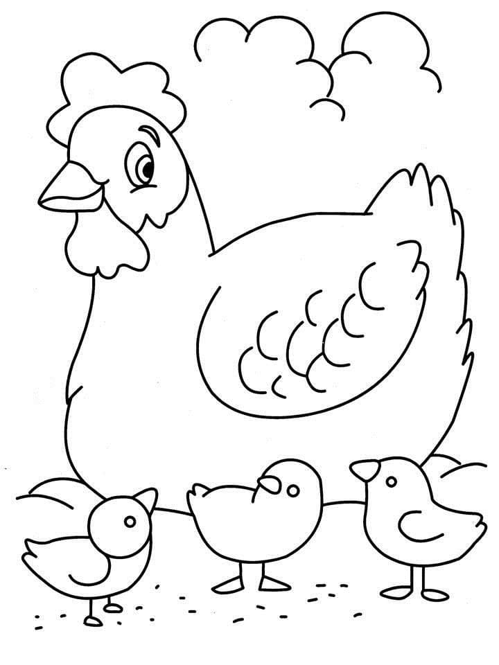 Hønemor Og Tre Kyllinger Tegninger til Farvelægning