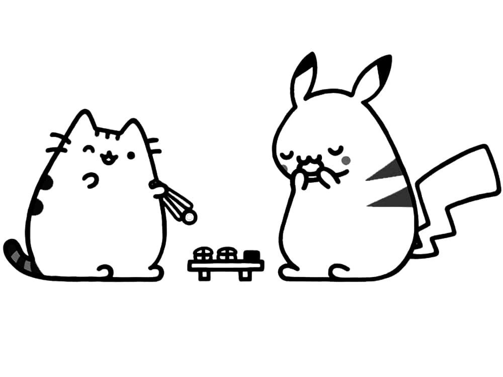 Pikachu Og Pusheen Tegninger til Farvelægning