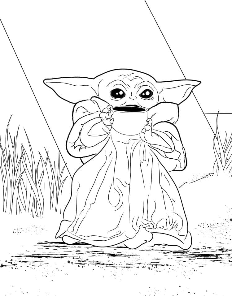 Baby Yoda Drikker Tegninger til Farvelægning