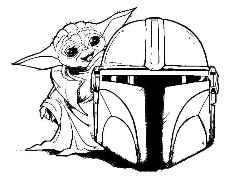 Baby Yoda Med Hjelm Tegninger til Farvelægning