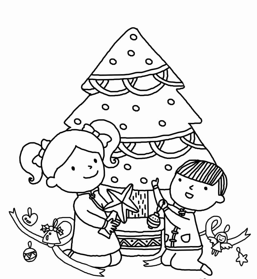 Børn Pynter Juletræ Tegninger til Farvelægning