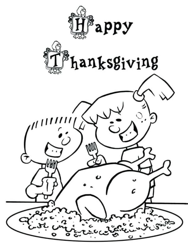 Glædelig Thanksgiving med børn Tegninger til Farvelægning