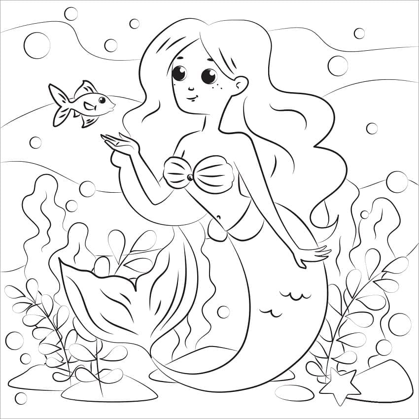 Havfrue Med Fisk Tegninger til Farvelægning