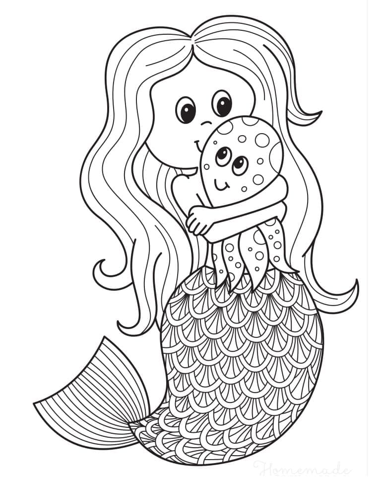 Havfrue Og Lille Blæksprutte Tegninger til Farvelægning