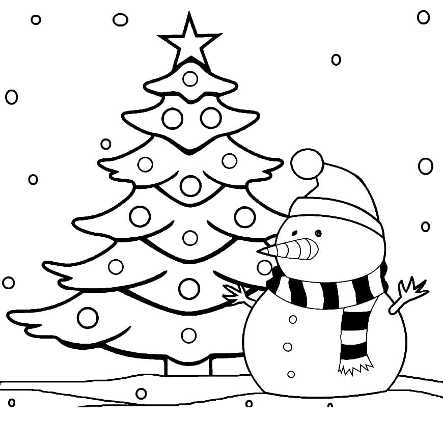 Juletræ Og Snemand Tegninger til Farvelægning