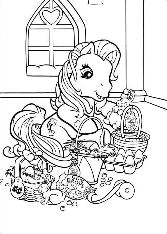 Lille Pony Med Påskekurv Tegninger til Farvelægning