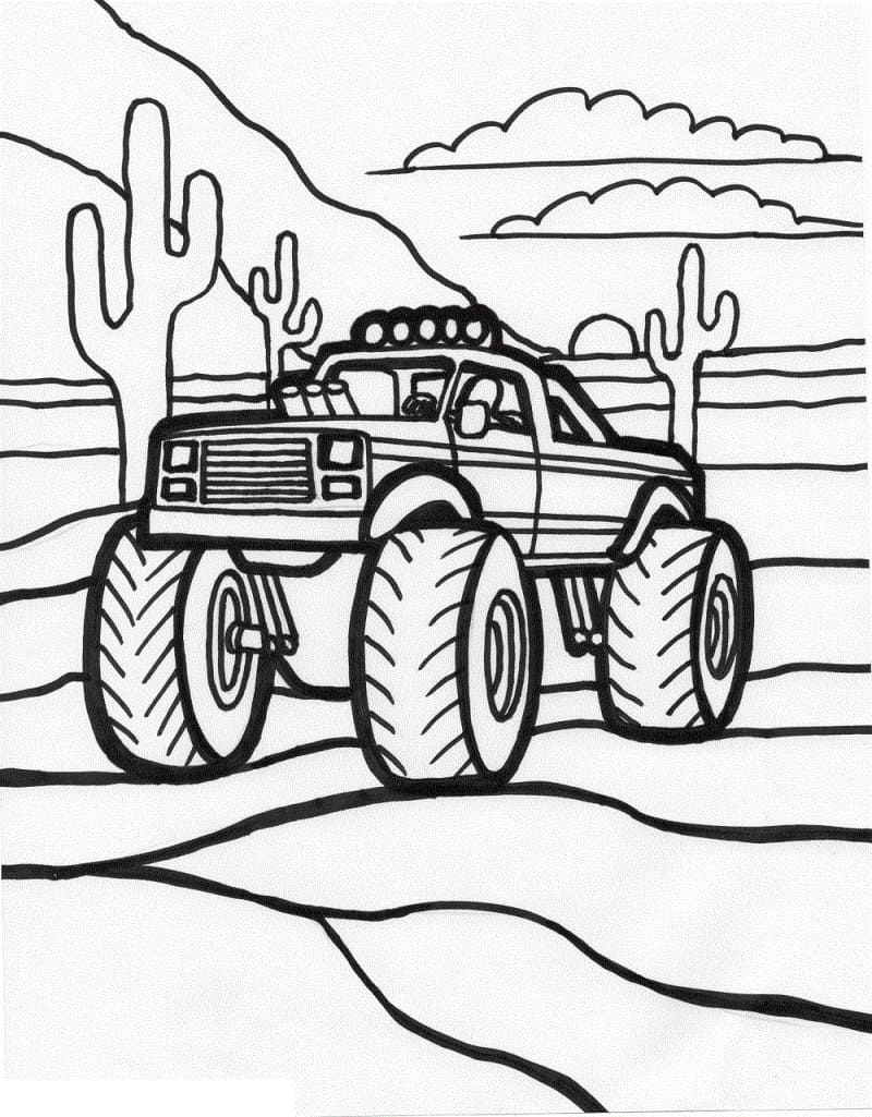 Monster Truck Går I ørkenen Tegninger til Farvelægning