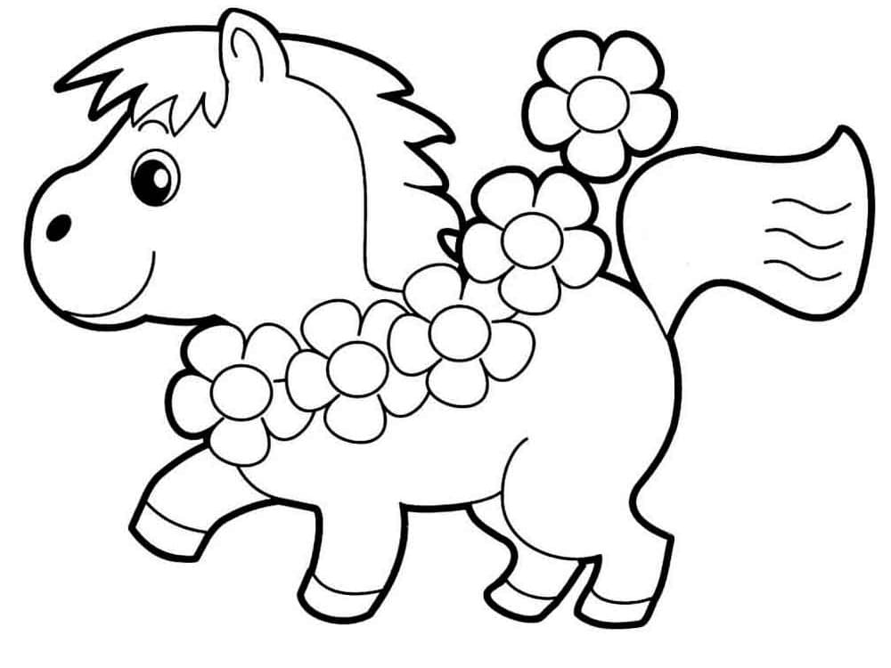 Sød Hest Med Blomster Tegninger til Farvelægning