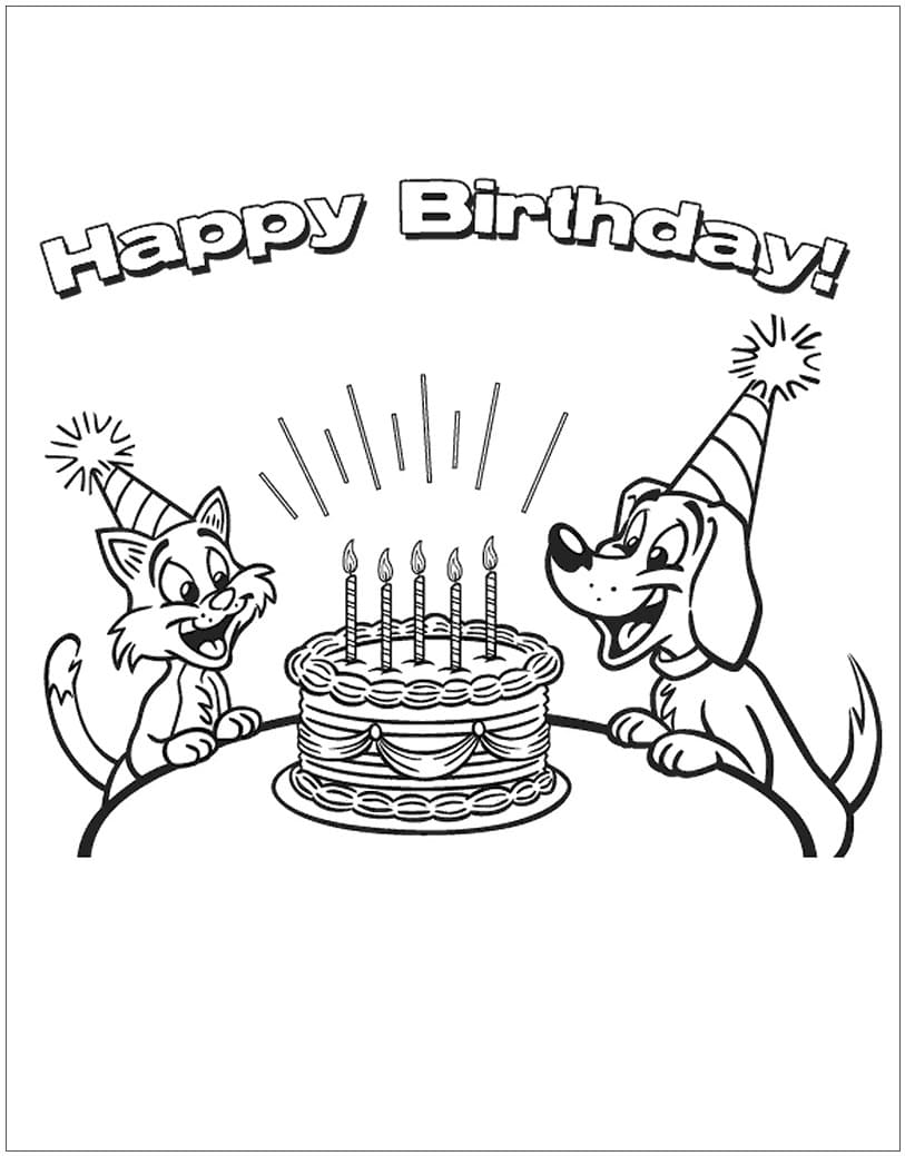 Tillykke Med Fødselsdagen Hund Og Kat Tegninger til Farvelægning