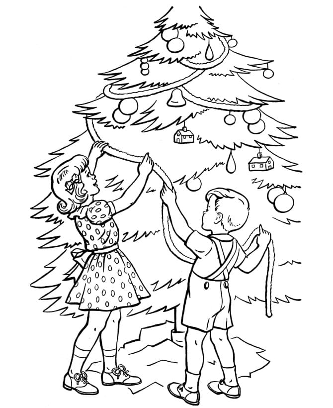 To Børn Pynter Juletræ Tegninger til Farvelægning
