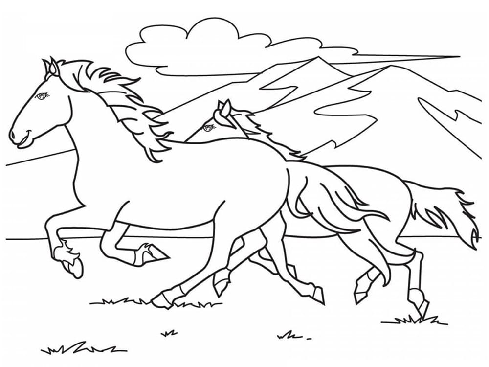 To Heste Der Løber Tegninger til Farvelægning