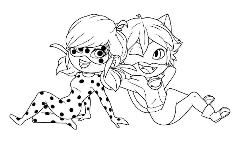 Chibi Ladybug og Cat Noir Tegninger til Farvelægning