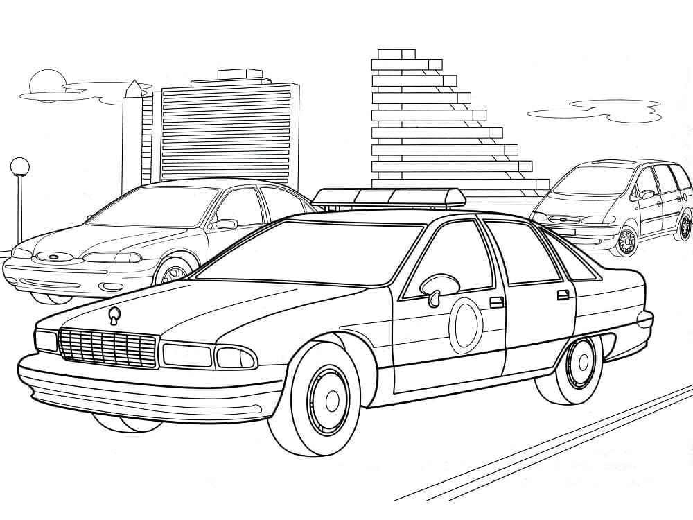 Politibil Med Biler I Byen Tegninger til Farvelægning