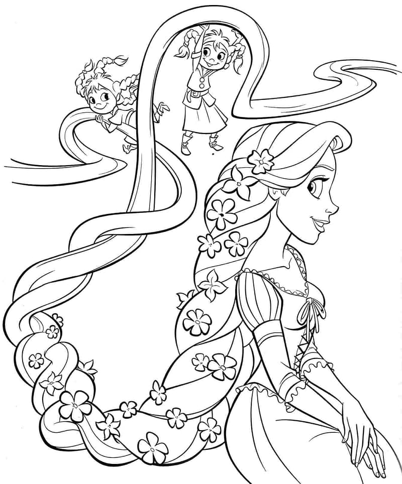 Prinsesse Rapunzel Og Små Piger Tegninger til Farvelægning