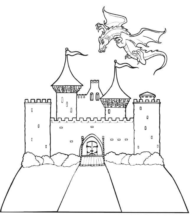 Slot og Drage Tegninger til Farvelægning