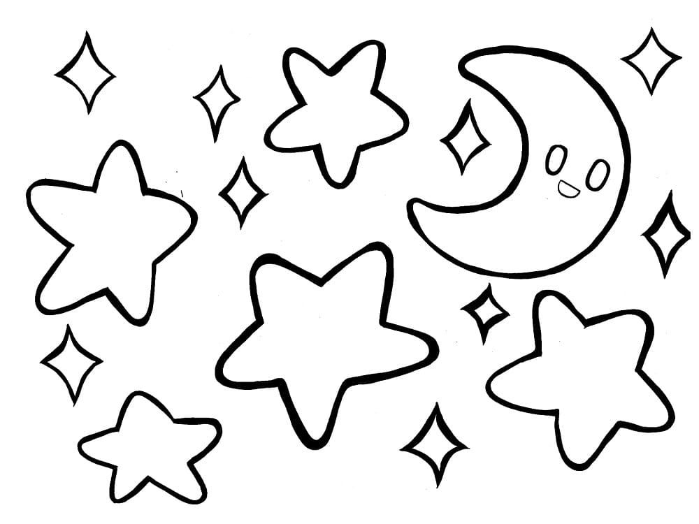 Sød Måne Og Stjerner Tegninger til Farvelægning