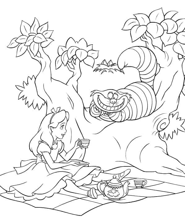 Alice og Cheshire Cat Tegninger til Farvelægning